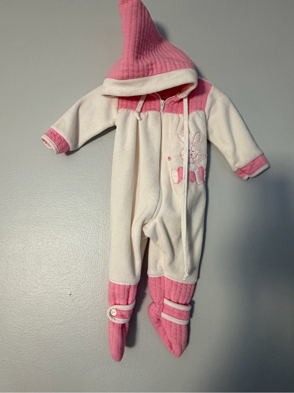Vintage Pink & Cream Hooded Baby One-Piece Romper with Bunny Embroidery